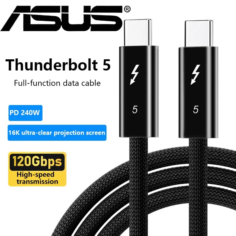 كابل شحن سريع ASUS PD240W Thunderbolt 5 USB Type C بنقل بيانات 80Gbps وفيديو 16K/8K لهواتف iPhone 16 و17 وحواسيب Macbook Pro