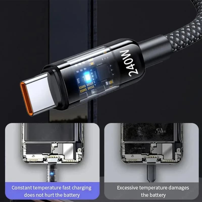 سلك شاحن سريع 240 واط 10 أمبير، كابل USB C نايلون مضفر شفاف نوع C لملحقات هواتف سامسونج وآيفون وشاومي وريدمي - 4