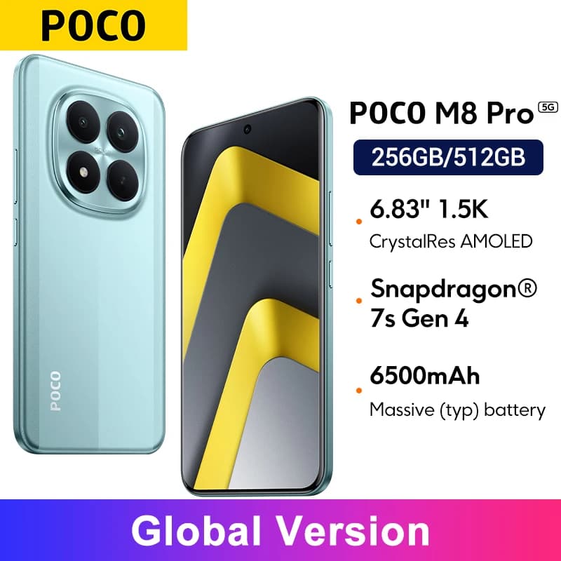 هاتف POCO M8 Pro الإصدار العالمي، كاميرا رئيسية 50 ميجا بكسل، شاشة CrystalRes AMOLED بحجم 6.83 بوصة، معالج Snapdragon® 7s Gen 4