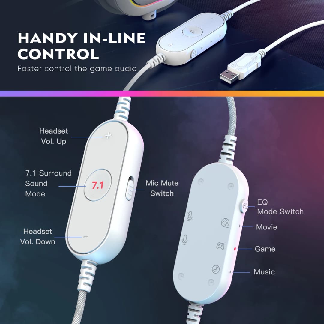 سماعة ألعاب FIFINE RGB مع صوت محيطي 7.1/3-EQ/MIC، سماعة رأس فوق الأذن مع تحكم في الخط للكمبيوتر الشخصي PS4 PS5 Ampligame-H6W - 5