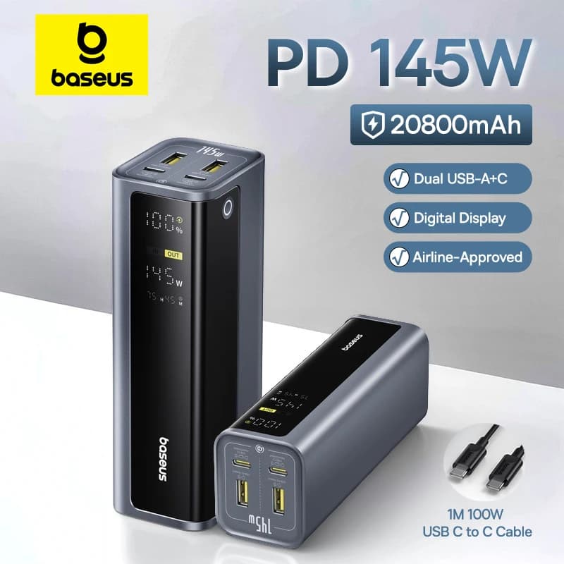 باور بانك Baseus بقوة 145 واط وسعة 20800 مللي أمبير، بشاحن سريع ثنائي المنافذ USB A و USB C PD بقوة 100 واط، مع شاشة رقمية ومحمول لشحن اللابتوب والهاتف