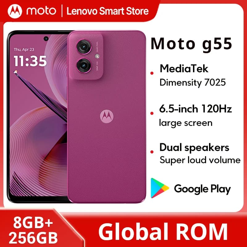 هاتف Motorola MOTO G55 ذكي بشاشة 6.5 بوصة بمعدل تحديث 120Hz وذاكرة 256GB ومعالج MediaTek Dimensity 7025 وكاميرا 50MP
