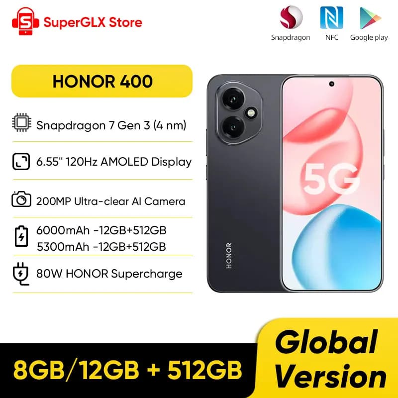 HONOR 400 Global Version 5G Smartphone 6.55" 120Hz AMOLED Display 200MP Dual Camera Snapdragon 7 Gen 3 6000mAh 80W SuperCharge