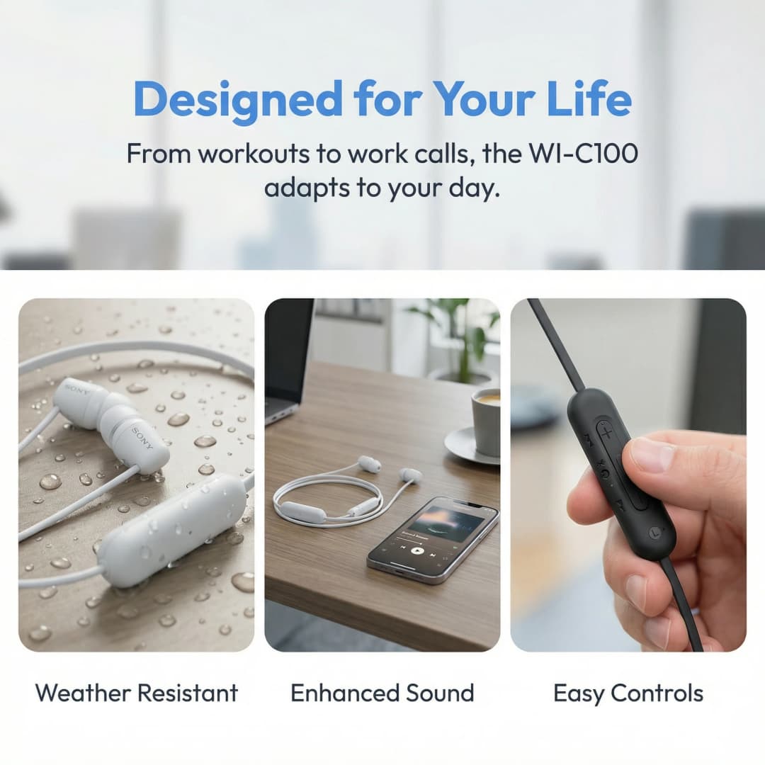 سماعات أذن بلوتوث لاسلكية ستيريو معلقة على الرقبة من SONY WI-C100 مقاومة للماء والعرق IPX4 بطارية تدوم حوالي 25 ساعة - 5