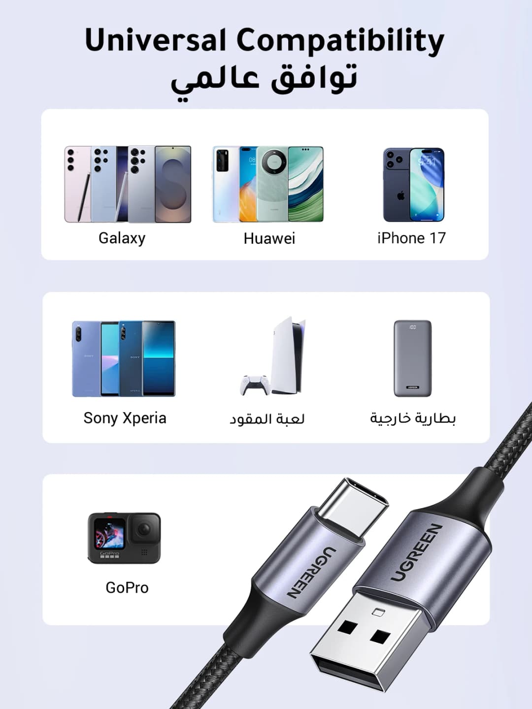 كابل يو جرين 3A يو اس بي نوع سي لهاتف ايفون 17 و16 وشاومي وسامسونج سلك شحن سريع وشاحن يو اس بي-سي وكابل بيانات لآيباد وبوكو يو اس بي سي - 3