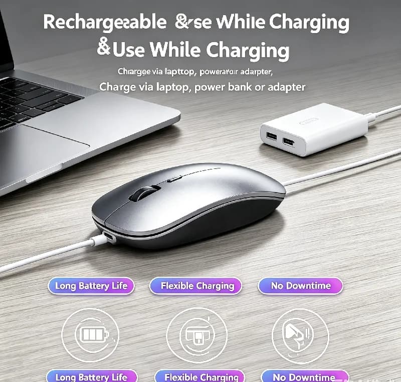 ماوس ألعاب لاسلكي مريح بإضاءة خلفية RGB متوافق مع USB قابل لإعادة الشحن صامت مع إضاءة خلفية للابتوب والكمبيوتر الشخصي - ميكروفون ألعاب صامت - 5