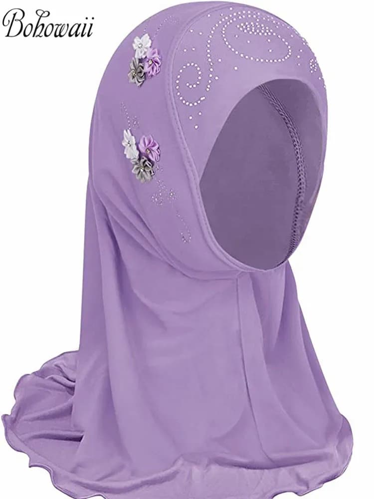 BOHOWAII حجاب أطفال بنات جاهز للارتداء، شالات إسلامية عمامة مع أوشحة زهور جيرسي، غطاء رأس (2-7 سنوات) - 3