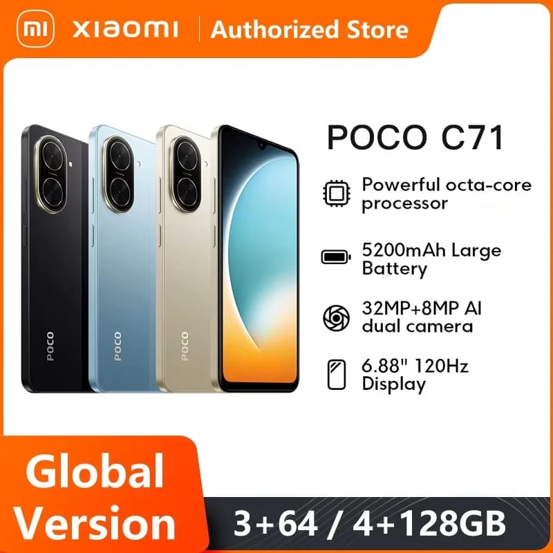 هاتف POCO C71 الإصدار العالمي بشاشة 6.88 بوصة HD+ وبطارية 5200 مللي أمبير في الساعة وكاميرا مزدوجة 32 ميجابكسل مع ذكاء اصطناعي وشحن سريع 15 واط ومعالج UNISOC T7250