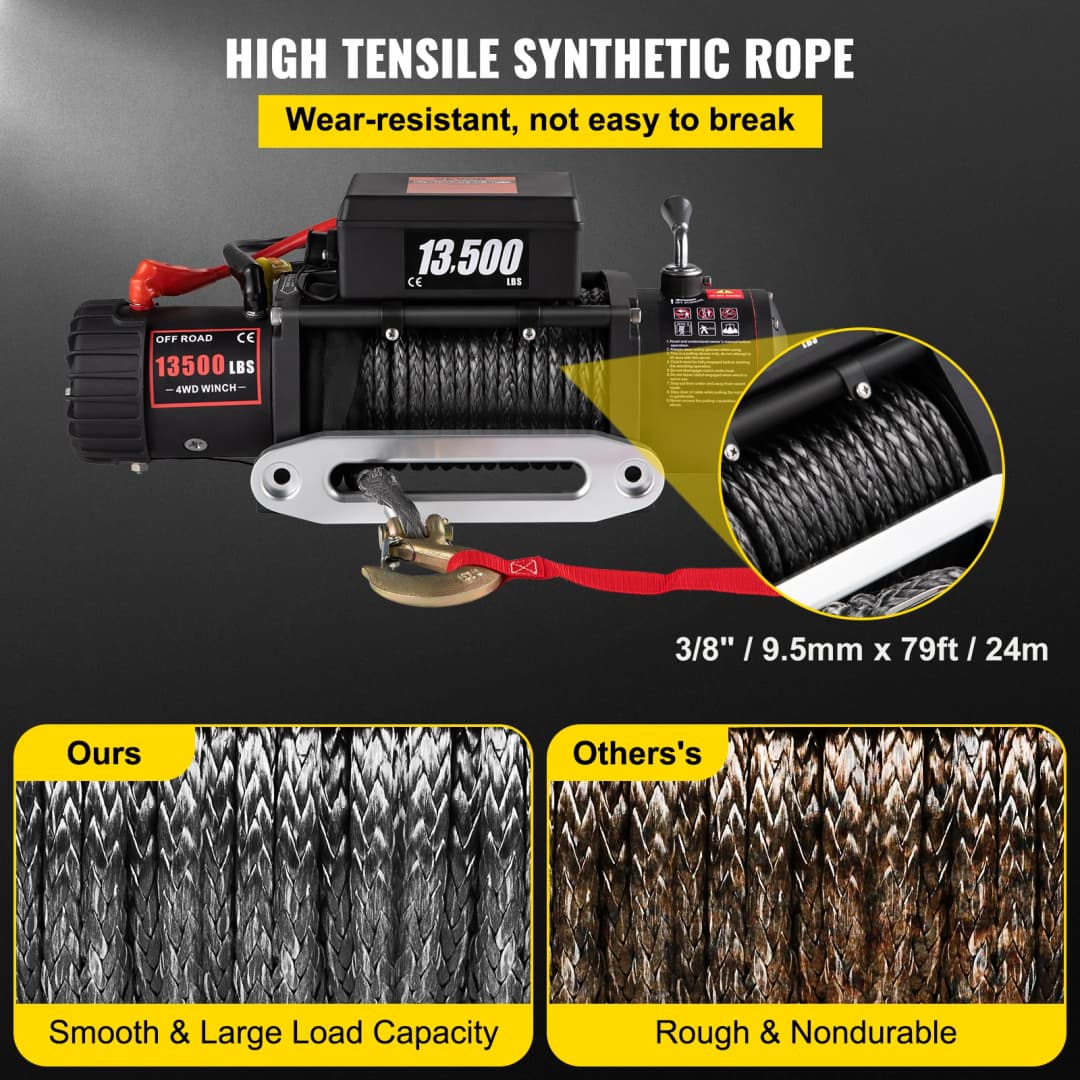 Best Price EU Shipping VEVOR 13500LBS Electric Winch Synthetic 12V Tow Rope 27M/92FT Lifting Hoist for 4X4 Car Trailer ATV Truck - 4