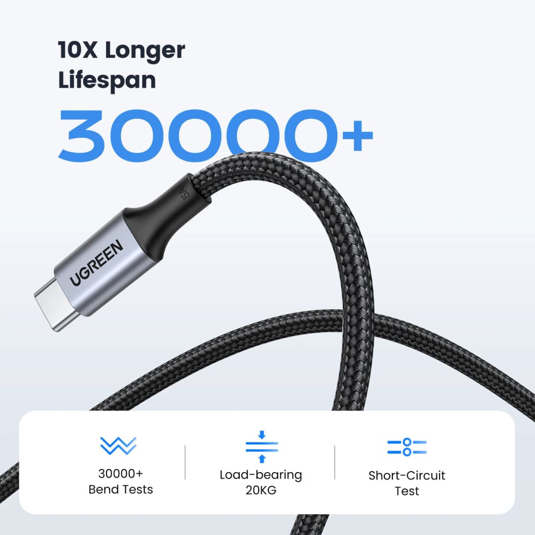 كابل USB Type-C إلى USB-C من UGREEN بقوة 100 واط للشحن السريع لهواتف سامسونج S25 وآيفون 17 و16 يدعم Quick Charge 4.0 - 5