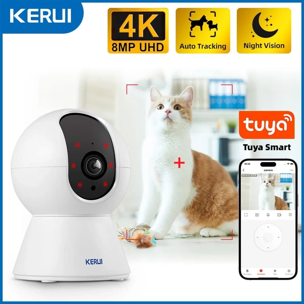 كاميرا KERUI للحيوانات الأليفة بتقنية WiFi IP، أمان منزلي للكلاب والقطط، Tuya الذكية بدقة 4K و8 ميجابكسل، فيديو عالي الدقة، رؤية ليلية، مراقبة بتنبيهات الذكاء الاصطناعي، كاميرا صغيرة
