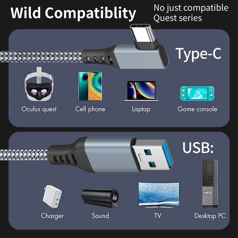 كابل 3/6/5 متر USB A إلى نوع C لأوكولوس كويست 2، ملحق واقع افتراضي VR، نظارات ذكية ثلاثية الأبعاد، سماعة خوذة - 4