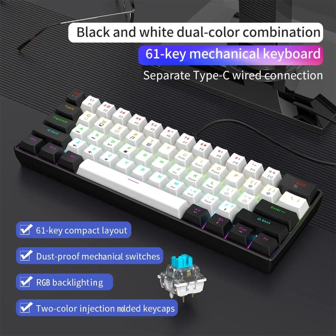 لوحة مفاتيح ميكانيكية سلكية للألعاب 60% بإضاءة RGB خلفية، تصميم مدمج صغير الحجم، مثالية للاعبي الكمبيوتر/ماك والكتابة، سهلة الحمل
