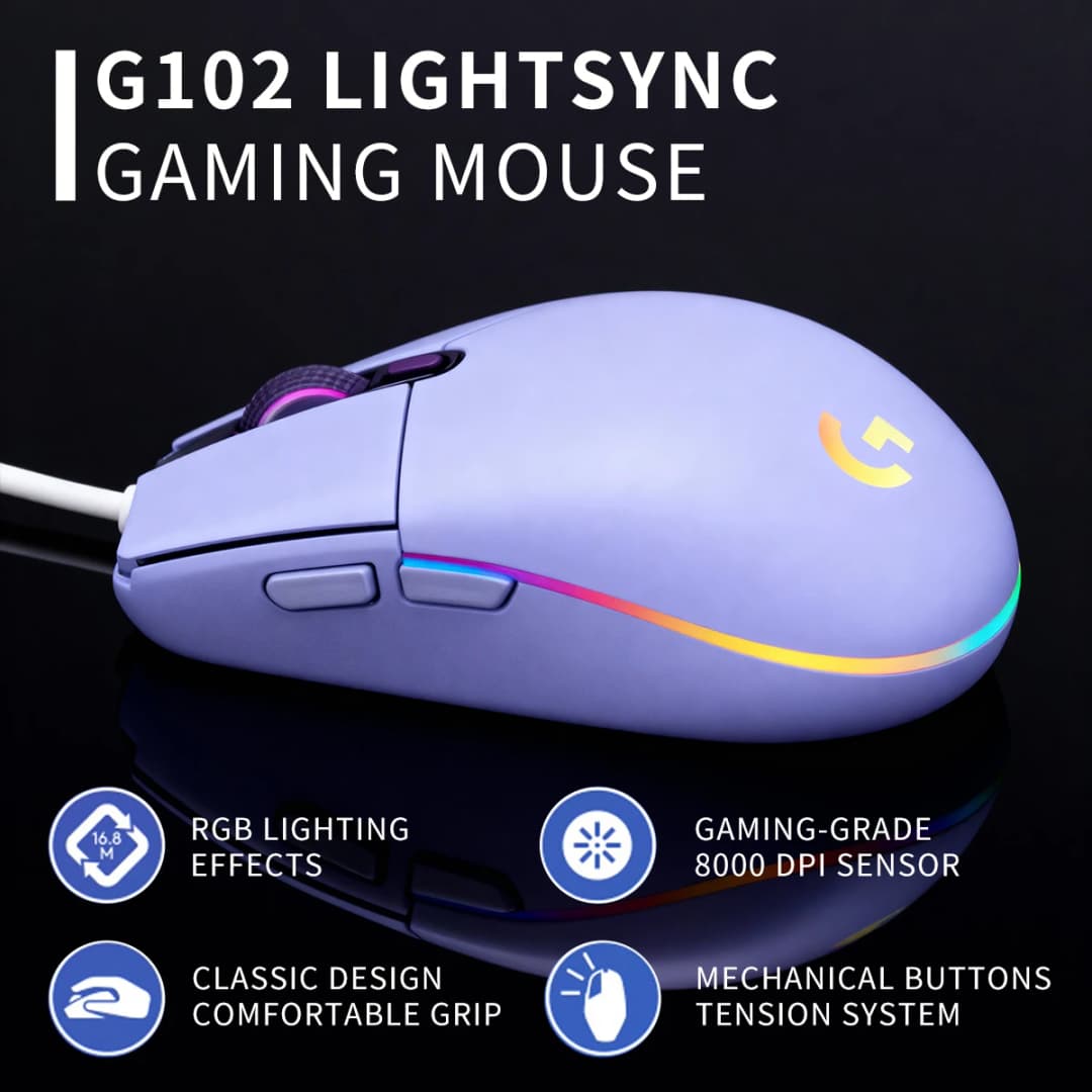 ماوس Logitech G203//G102 سلكي للألعاب 200-8000 نقطة في البوصة إضاءة LIGHTSYNC RGB 6 أزرار استجابة 1 مللي ثانية كابل 2.1 متر ماوس G402 - 6