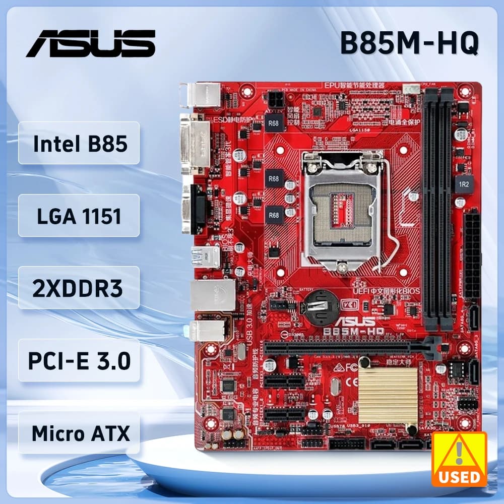 لوحة أم ASUS B85M-HQ بمعالج Intel B85 ومقبس LGA 1150 تدعم معالجات 4150 و4690 و4570 و4170 و4130 و4340 و4460 و4590 و4770 بذاكرة DDR3 سعة 16 جيجابايت ومقياس Micro ATX