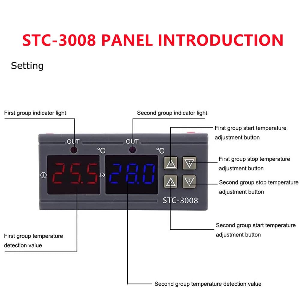 تحكم رقمي مزدوج في درجة الحرارة STC-3008، مخرجين ريلاي، 12V/24V/220V، منظم حرارة، سخان/مبرد مع مسبار - 2