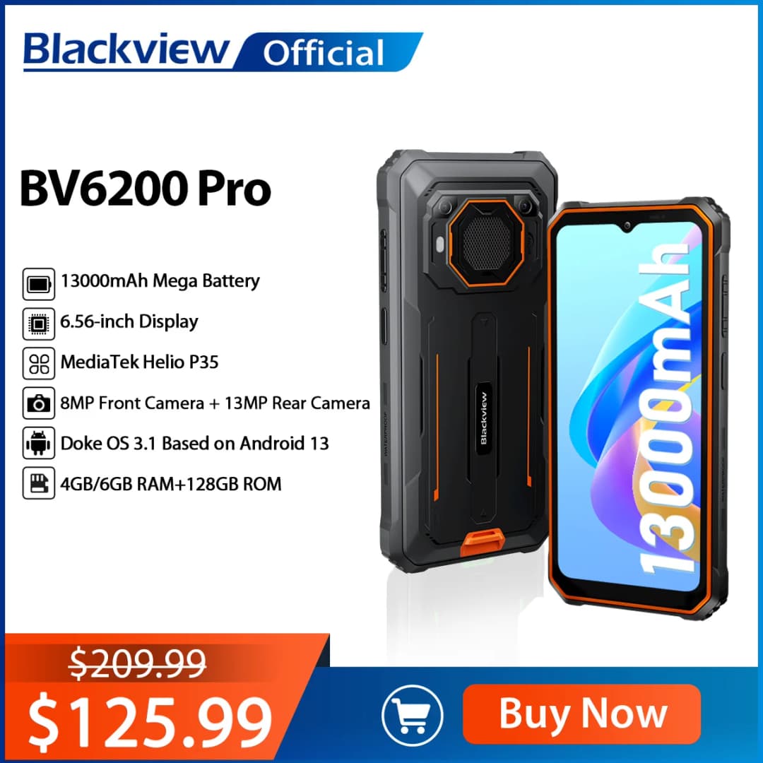 هاتف بلاك فيو BV6200 برو المتين، أندرويد 13، شاشة 6.56 بوصة، معالج هيليو P35، ذاكرة وصول عشوائي 6 جيجابايت، ذاكرة داخلية 128 جيجابايت، بطارية 13000 مللي أمبير مع شحن سريع 18 واط، NFC