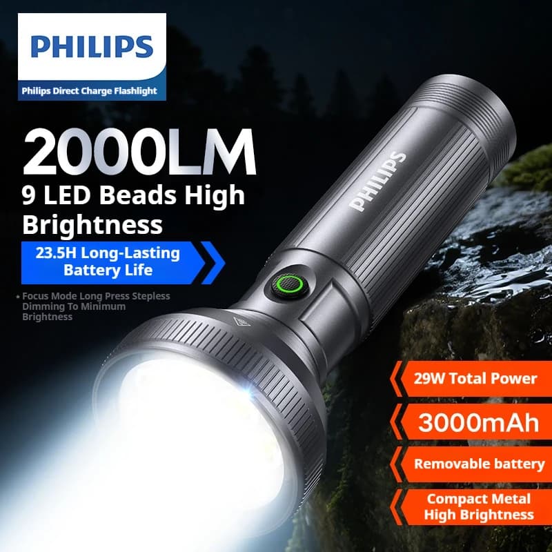 كشاف PHILIPS SFL6252 الجديد 2025، طاقة عالية، LED، 9 مصابيح، قابل لإعادة الشحن، محمول، مصباح يدوي للتخييم