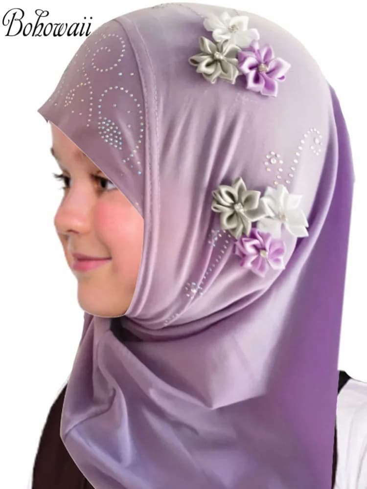 BOHOWAII حجاب أطفال بنات جاهز للارتداء، شالات إسلامية عمامة مع أوشحة زهور جيرسي، غطاء رأس (2-7 سنوات)