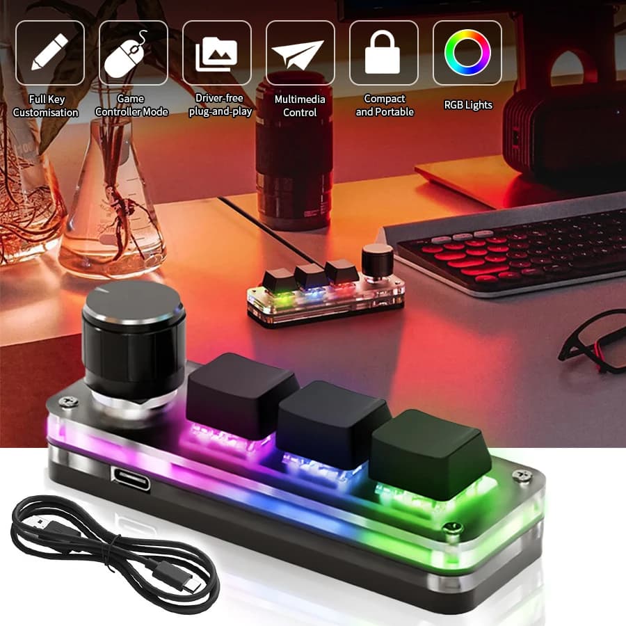 لوحة مفاتيح ميكانيكية للاعبين بمنفذ USB مع 3 مفاتيح ماكرو مخصصة ولوحة مفاتيح مبرمجة بإضاءة RGB ولوحة مفاتيح صغيرة لأدوبي فوتوشوب
