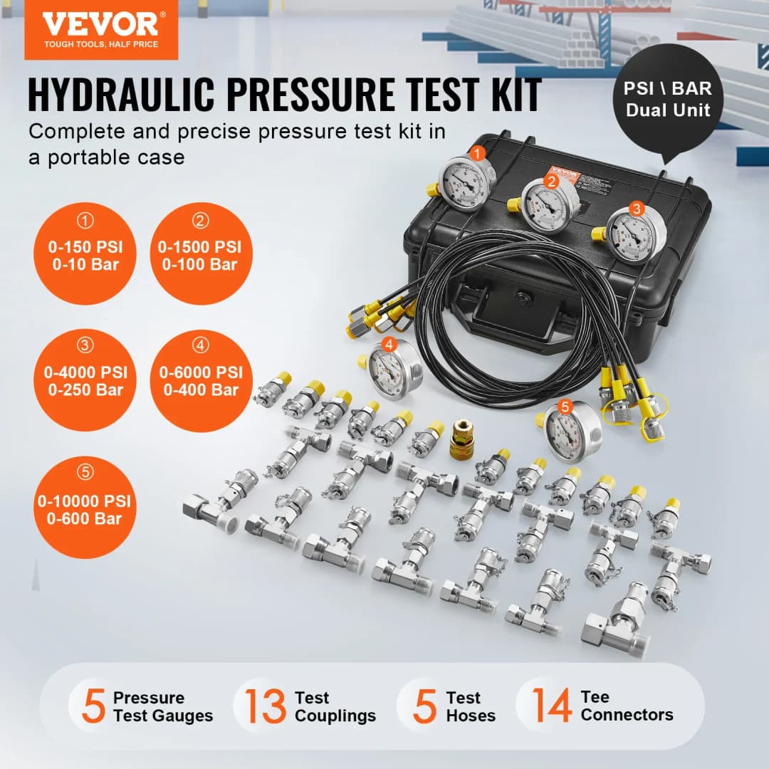 VEVOR Hydraulic Pressure Test Kit Excavator Hydraulic Test Gauge Set with Carrying Case for Excavator Tractors Machinery - 2