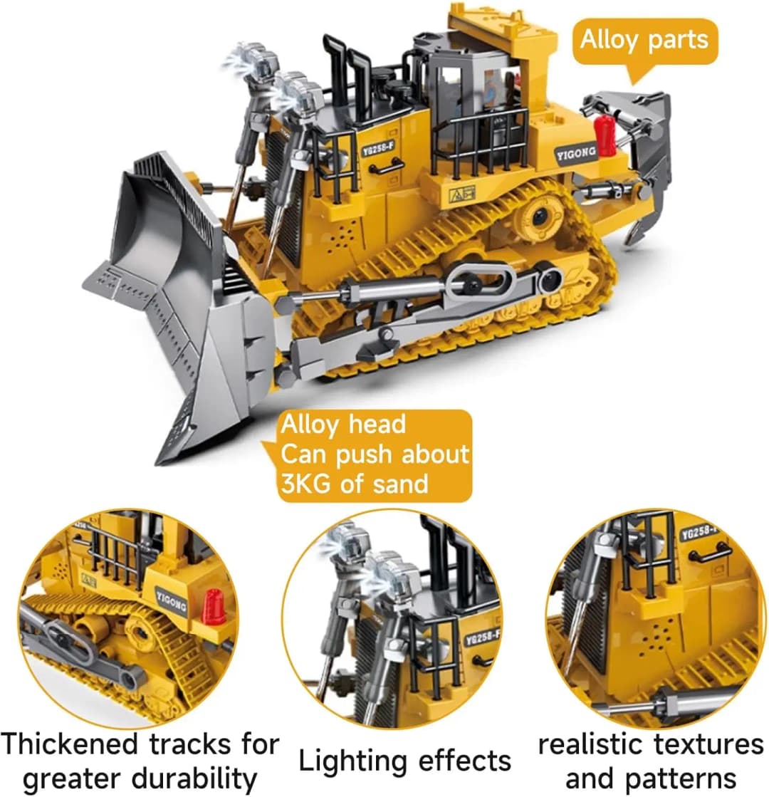 Remote Control Excavator Bulldozer Toy for Kid 2.4Ghz RC Construction Vehicle Truck Toy with Alloy Metal Cap Light&Sound Boy Toy - 3
