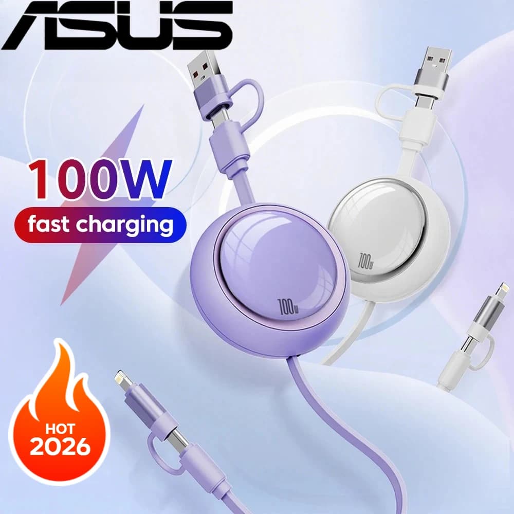 كابل شحن سريع قابل للسحب من ASUS بطول 1 متر وقوة 100 واط Type C إلى USBC لنقل البيانات لهواتف 17 Pro Max و15Plus وSamsung وHuawei وXiaomi