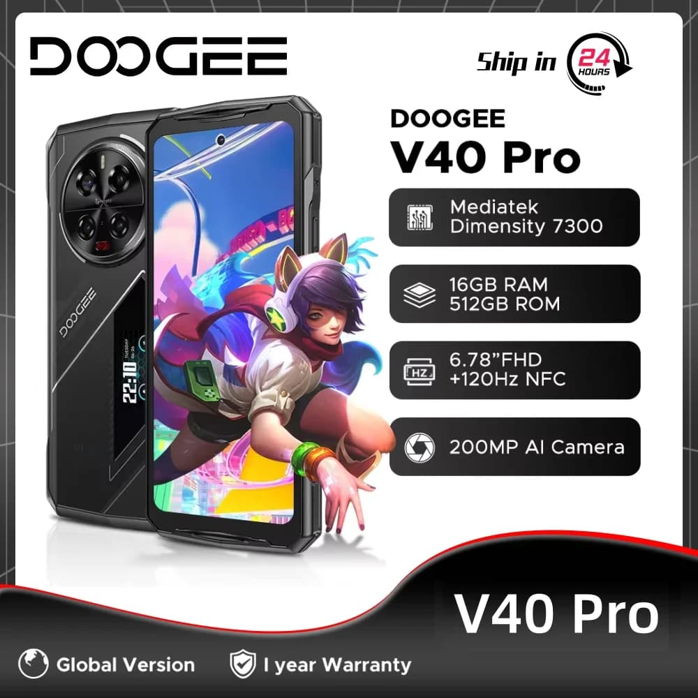الإصدار العالمي DOOGEE V40 Pro 5G سعة 16+512 جيجابايت هاتف ذكي متين للألعاب مع معالج Dimensity 7300 وشاشة IPS مقاس 6.78 بوصة بدقة FHD+ وكاميرا AI بدقة 200 ميجابكسل وبطارية سعة 8680 مللي أمبير في الساعة