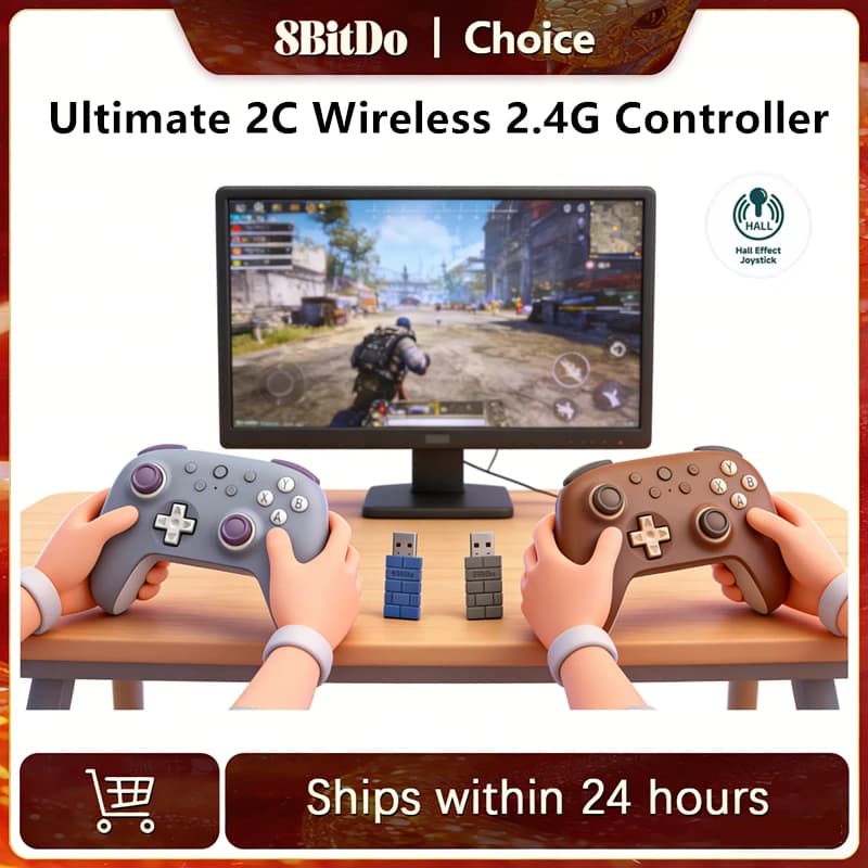 وحدة تحكم ألعاب 8BitDo Ultimate 2C لاسلكية 2.4G مع عصا تحكم بتأثير هول لأجهزة الكمبيوتر Steam Deck Raspberry Pi Android