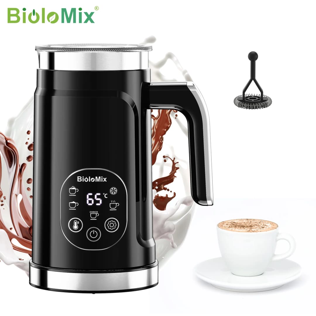 خافق حليب 5 في 1 من BioloMix مع شاشة لمسية وعرض LED محدث - صانع رغوة ساخنة وباردة ومدفأة حليب للاتيه والقهوة