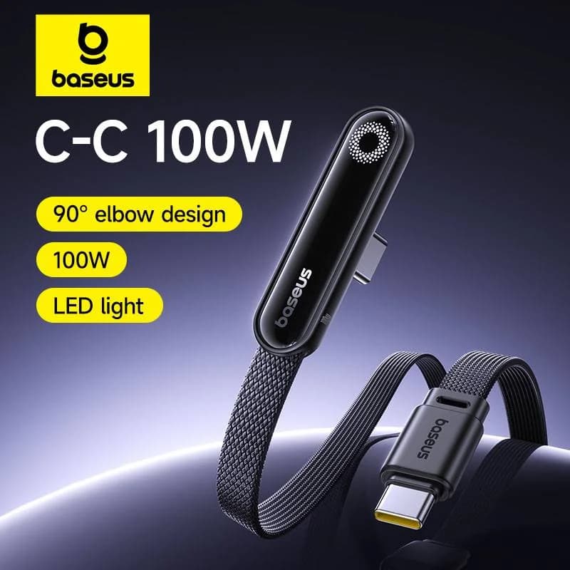 كابل Baseus MVP3 USB C معقوف 100W لجهاز iPhone 17 16 15 Pro Max كابل Type C LED لجهاز Macbook pro سلك شحن سريع لجهاز Xiaomi