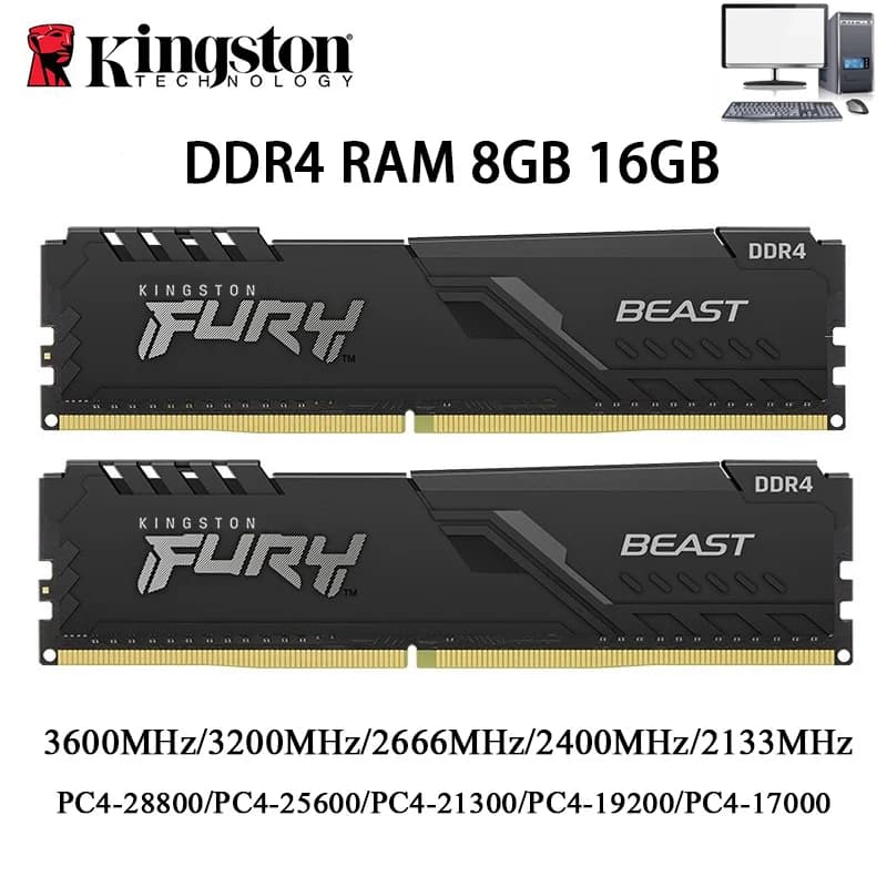 ذاكرة كينجستون BEAST DDR4 للكمبيوتر المكتبي، 32 جيجابايت/16 جيجابايت/8 جيجابايت، ترددات 3600/3200/2666/2400 ميجاهرتز، 288Pin، 1.2V