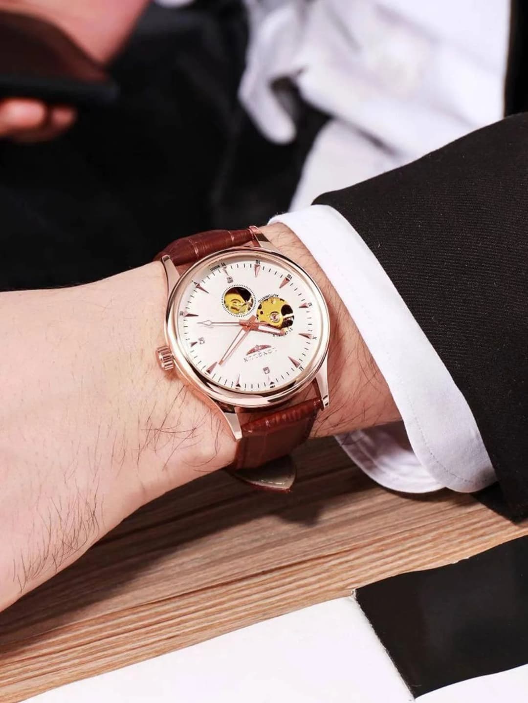 LONGLUX automatic watch elegant style wholesale mechanical wristwatches skeleton rome waterproof  mens watch men gift - 3