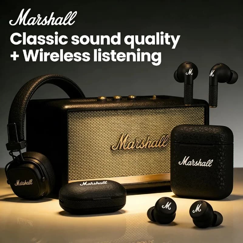 سماعات رأس لاسلكية Marshall Major IV مع صوت مميز - بطارية تدوم حتى 80 ساعة - قابلة للطي - بلوتوث 5.0 مع ميكروفون - مناسبة للسفر والاستوديو - 6
