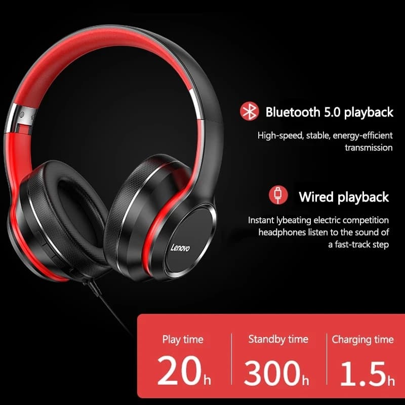 سماعات Lenovo HD200 بلوتوث فوق الأذن - قابلة للطي، لاسلكية، إلغاء الضوضاء، ستيريو HIFI، سماعات ألعاب - 2