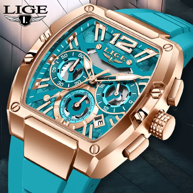 ساعات LIGE الأصلية للرجال، ساعات رياضية عسكرية كرونوغراف مع تقويم وحزام سيليكون وحركة كوارتز