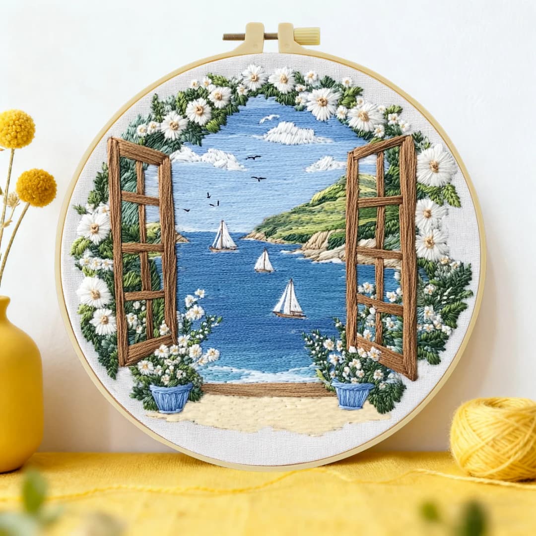 مجموعة بدء التطريز قطعة واحدة 20x20 سم/15x15 سم 7.87/6.3 بوصة مجموعة DIY لديكور المنزل ومنظر الشاطئ ومجموعة التطريز