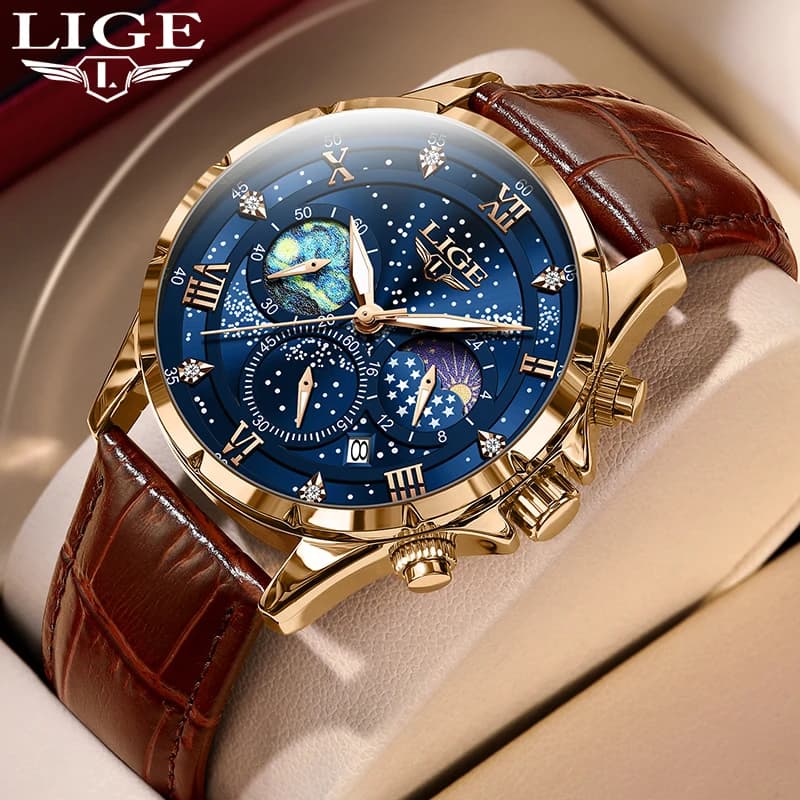 ساعات LIGE للرجال، ساعة رياضية كاجوال فاخرة مقاومة للماء مع تاريخ، كرونوغراف مضيء، ساعة يد كوارتز بجلد للرجال