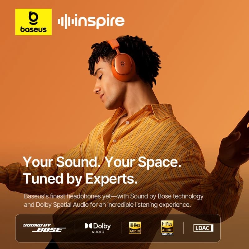 سماعات رأس لاسلكية Baseus Inspire XH1 من Bose مع تقنية إلغاء الضوضاء التكيفي ANC بتقنية Bluetooth 6.1 و 48dB، ودعم Hi-Res LDAC، وبطارية تدوم حتى 100 ساعة