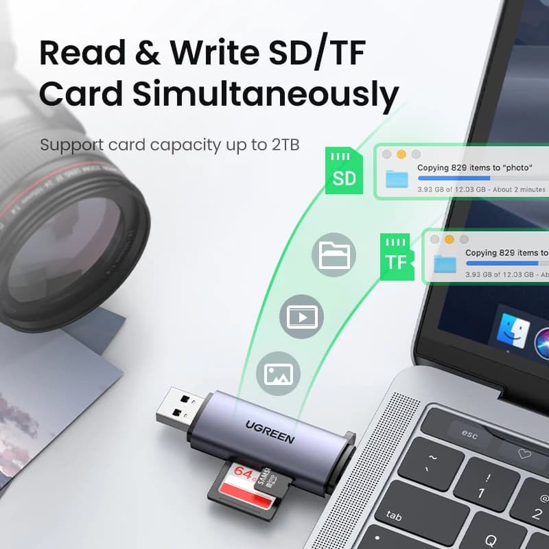 قارئ بطاقات UGREEN USB3.0 و USB C إلى SD و MicroSD و TF و Thunderbolt 3 لملحقات الكمبيوتر المحمول قارئ بطاقات الذاكرة الذكي محول بطاقة SD - 4