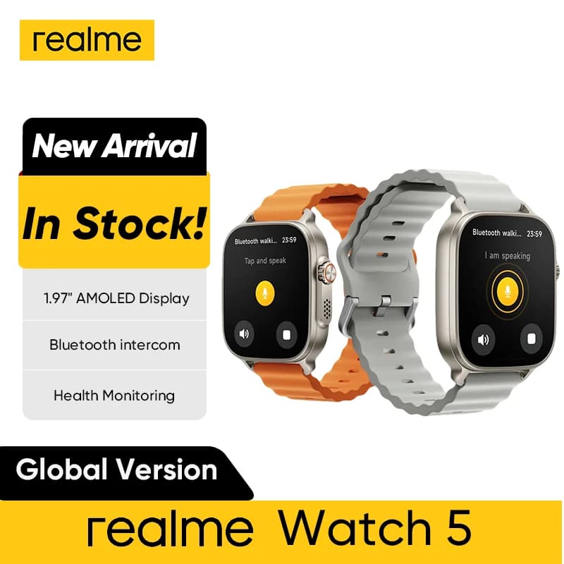 إصدار عالمي realme watch 5 شاشة 1.97 بوصة 600nits AMOLED بطارية 460mAh تدوم حتى 14 يومًا 300+ ثيم دعم GPS GNSS مقاوم للماء IP68