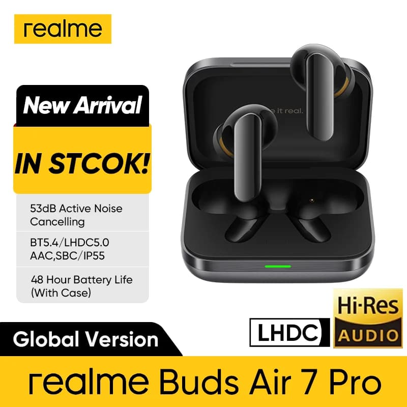 الإصدار العالمي Realme Buds Air 7 برو 53dB إلغاء ضوضاء أعماق البحر ترجمة فورية بالذكاء الاصطناعي LHDC 5.0 بلوتوث 5.4 IP55