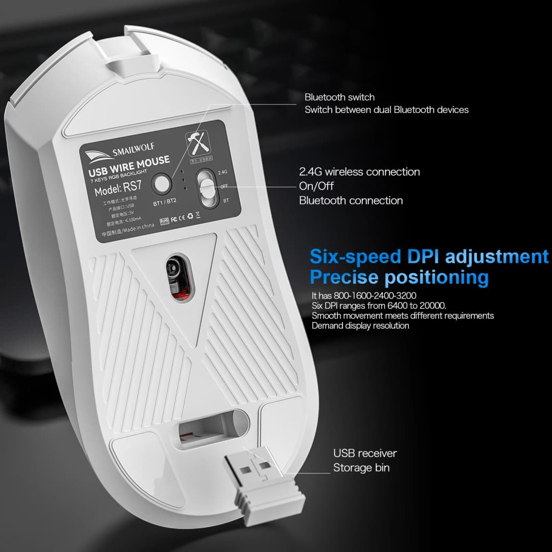 ماوس ألعاب لاسلكي بلوتوث SMAILWOLF RS7، PAW3311، برنامج ماكرو، مناسب لأجهزة الكمبيوتر المحمولة والمكتبية، 20000DPI - 3