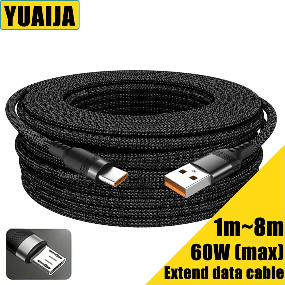 كابل شحن سريع USB Type-C ممتد بطول 2 متر و3 متر و5 أمتار لأندرويد وMicro USB لـ Huawei وXiaomi وVivo وOppo وLeeco