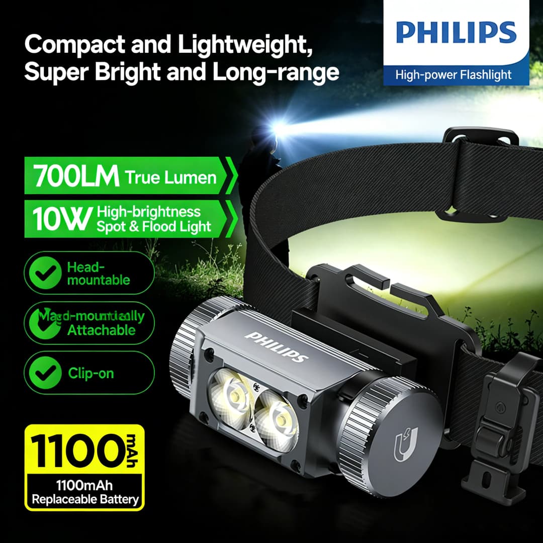 كشاف رأس Philips SFL 3351RH مثبت على الرأس مع عمر بطارية 5.8 ساعات وجذب مغناطيسي