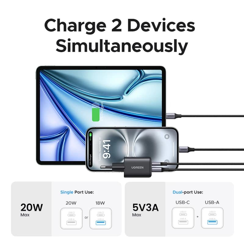 شاحن UGREEN 20 واط GaN صغير USB C شاحن هاتف PD3.0 QC3.0 لـ iPhone 17 16 15 Pro Max Samsung S25 Xiaomi Tablet iPad Air Pro - 3