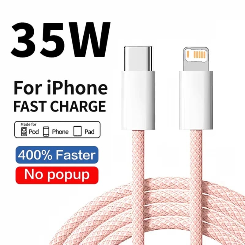 كابل شحن سريع 35 وات PD لهاتف iPhone 11 12 mini 13 Pro 14 Plus XS Max X XR 8 Plus USB-C كابلات بيانات مضفرة من النايلون للشحن السريع - 3