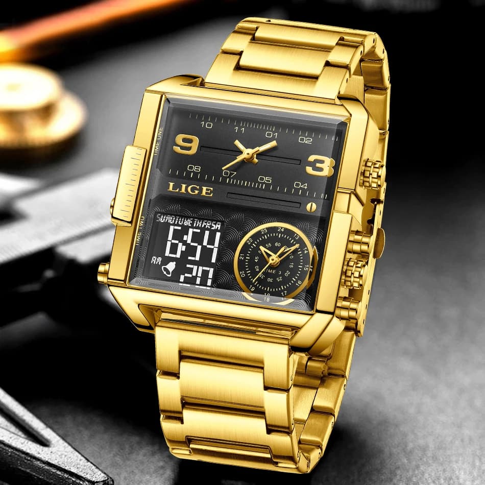 LIGE Top Brand Luxury Fashion Men Watches Gold Steel Sport Square Digital Analog Big Quartz Watch for Man Relogio Masculino+BOX - 2