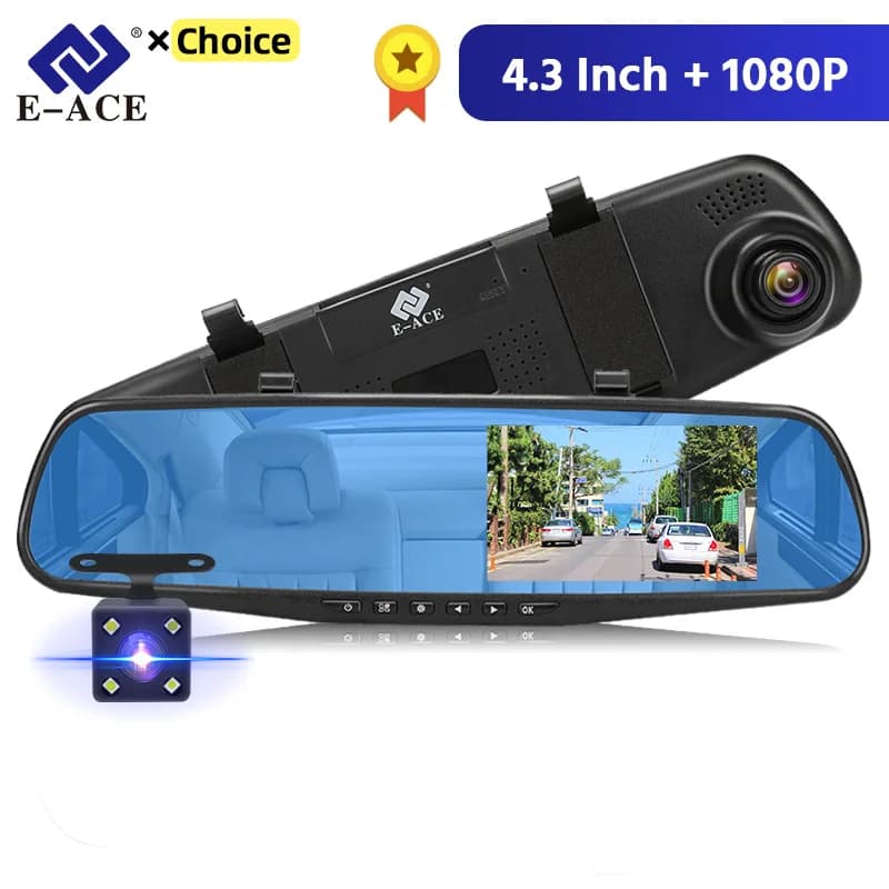 E-ACE داشكام، سيارة DVR بشاشة 4.3 بوصة، مرآة FHD 1080P، كاميرا بعدسة مزدوجة اختيارية، مرآة رؤية خلفية، داش كاميرا، مسجل فيديو للسيارات