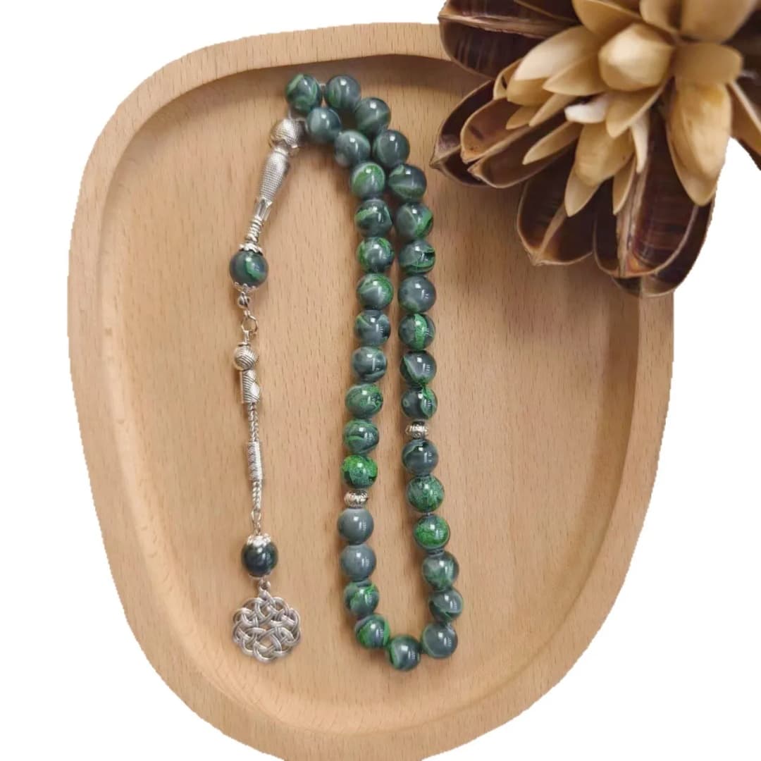 Green Veined Stone Islamic Prayer Beads Tesbih, Silver Celtic Knot Arabic Muslim Worship Rosary, Middle Eastern Jewelry Gift - 6